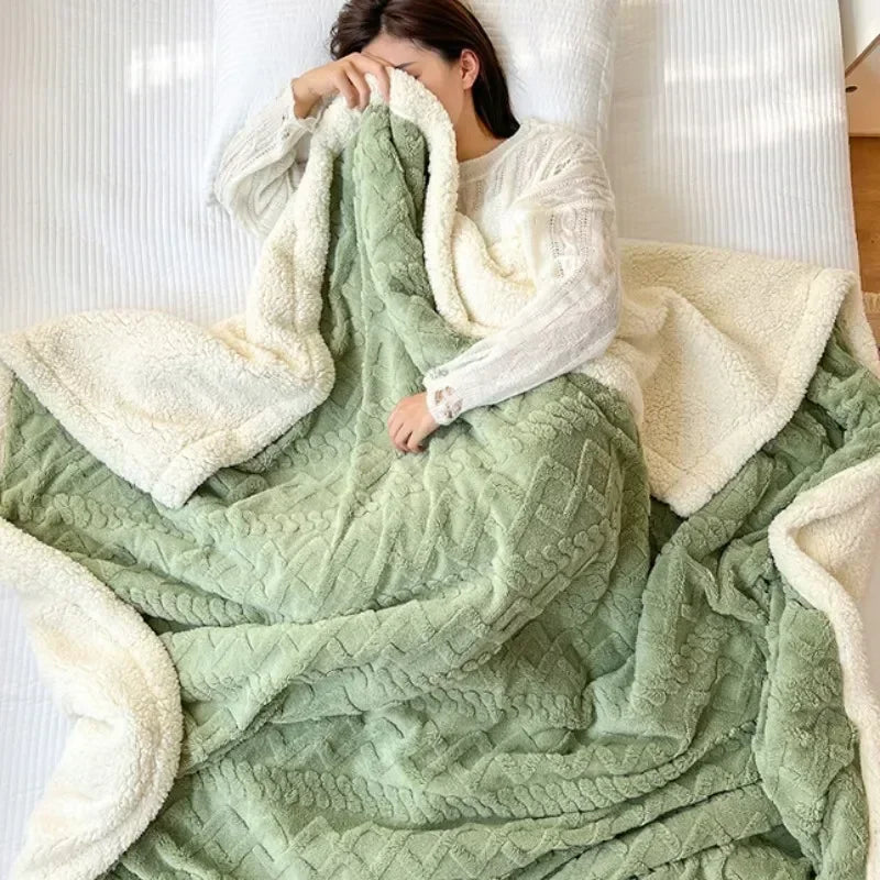 Huggo Cloud Blanket in Sage — waffle-knit lamb fleece blanket, soft green