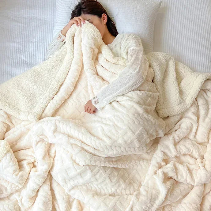 Huggo Cloud Blanket in Oat — waffle-knit lamb fleece blanket, cream