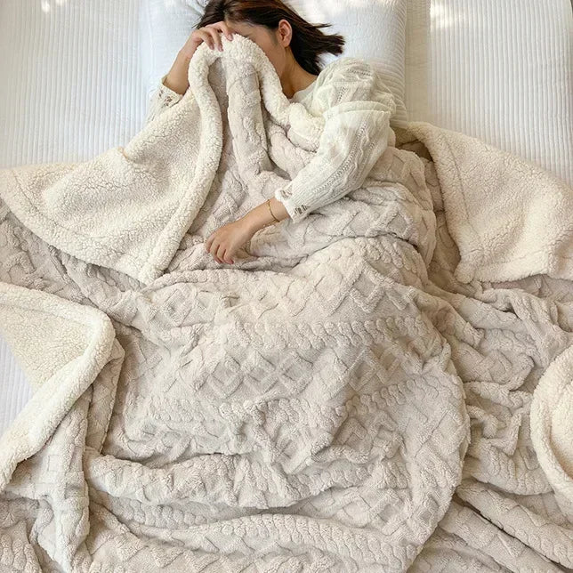 Huggo Cloud Blanket in Cocoa — waffle-knit lamb fleece blanket, light coffee