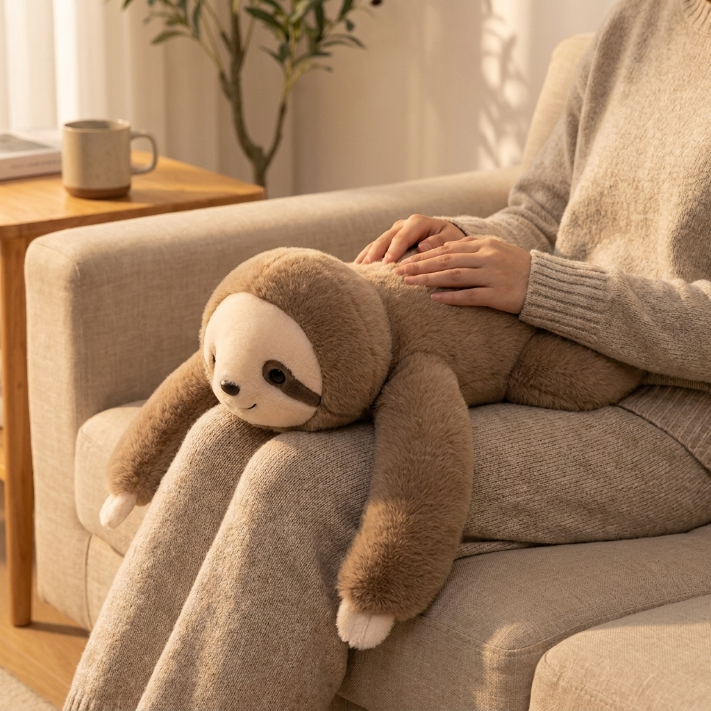 Lull weighted companion resting on an adult's lap on the couch