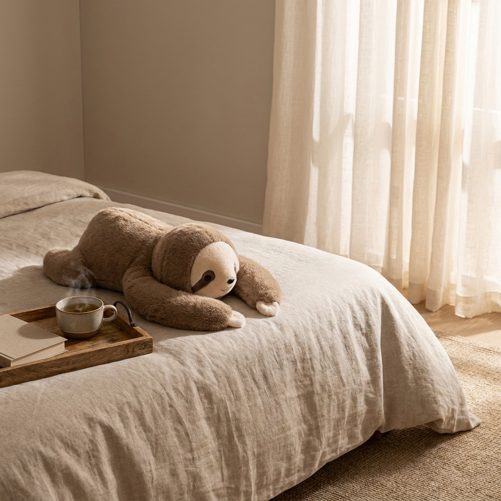 Lull weighted companion on oat linen bedding with morning light