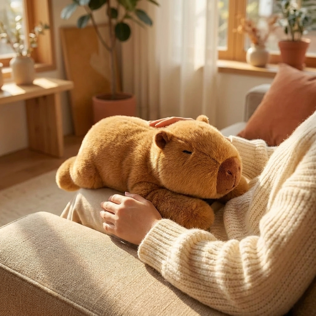 Huggo Weighted Capybara resting on a lap on a beige couch — weighted capybara plush 65cm 1kg