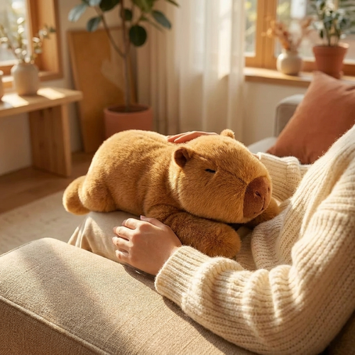 Huggo Weighted Capybara resting on a lap on a beige couch — weighted capybara plush 65cm 1kg