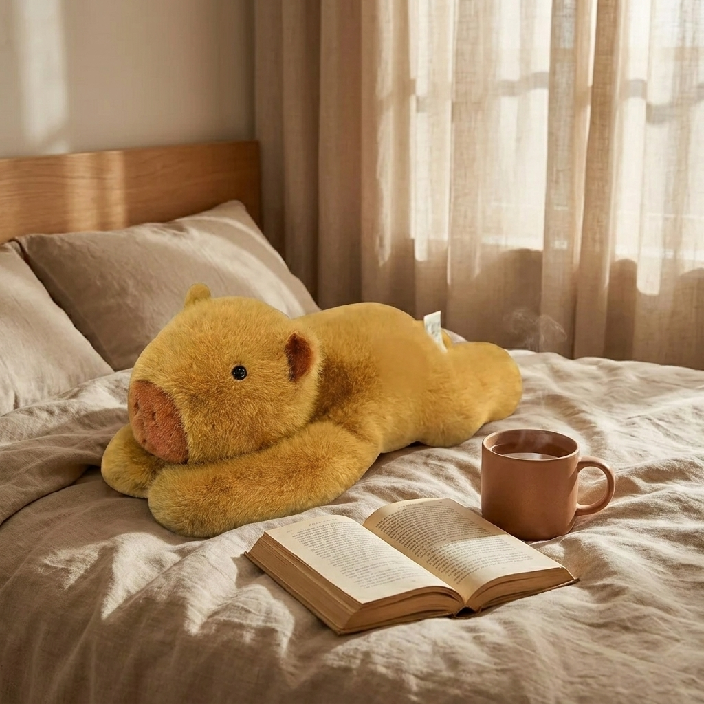Huggo Weighted Capybara on oat linen bedding with tea and a book — calming weighted plush