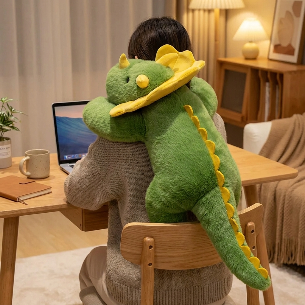 Huggo Weighted Dino draped over shoulders at a desk — deep pressure weighted plush