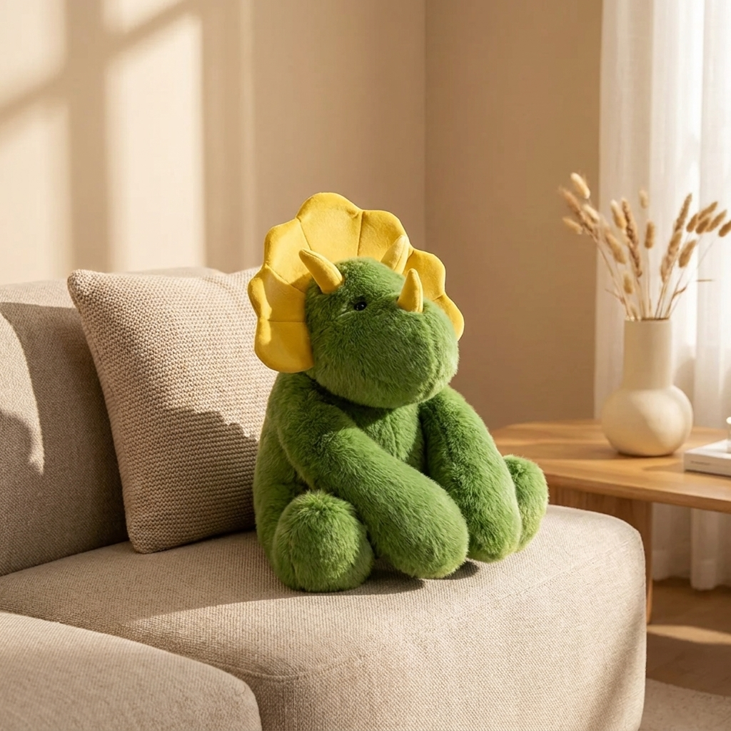 Huggo Weighted Dino sitting on a beige couch — weighted dinosaur plush 65cm 1kg