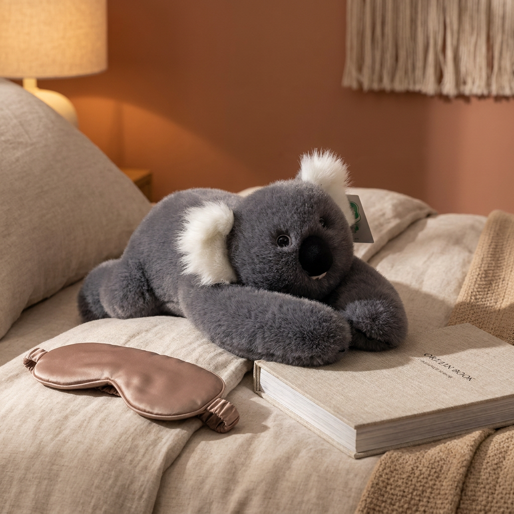 Huggo Weighted Koala on oat linen bedding at night — calming weighted koala plush
