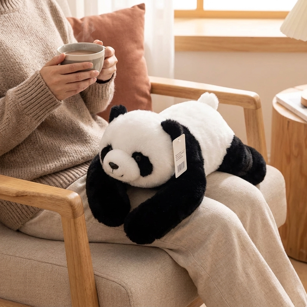 Huggo Weighted Panda resting on a lap in an armchair — weighted panda plush 65cm 1kg