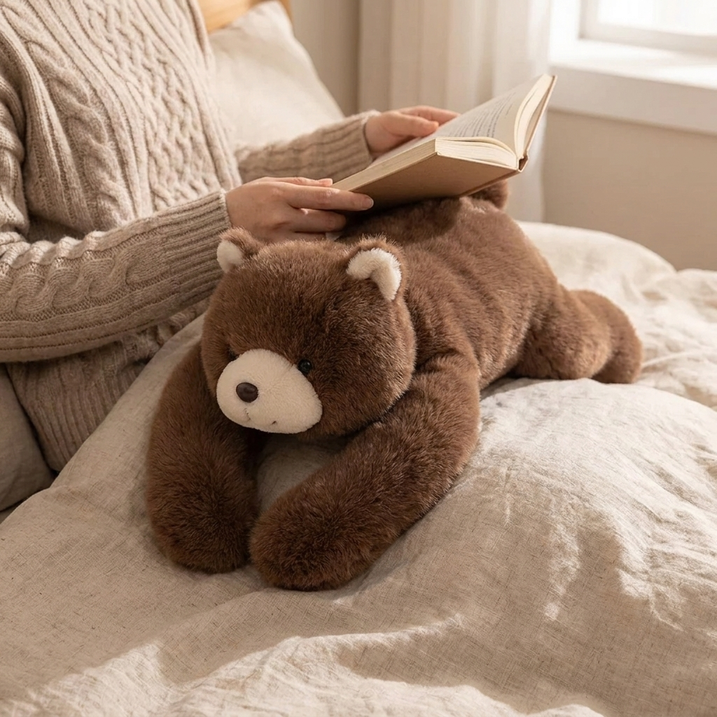 Huggo Weighted Bear lying across a lap during evening reading — weighted bear plush