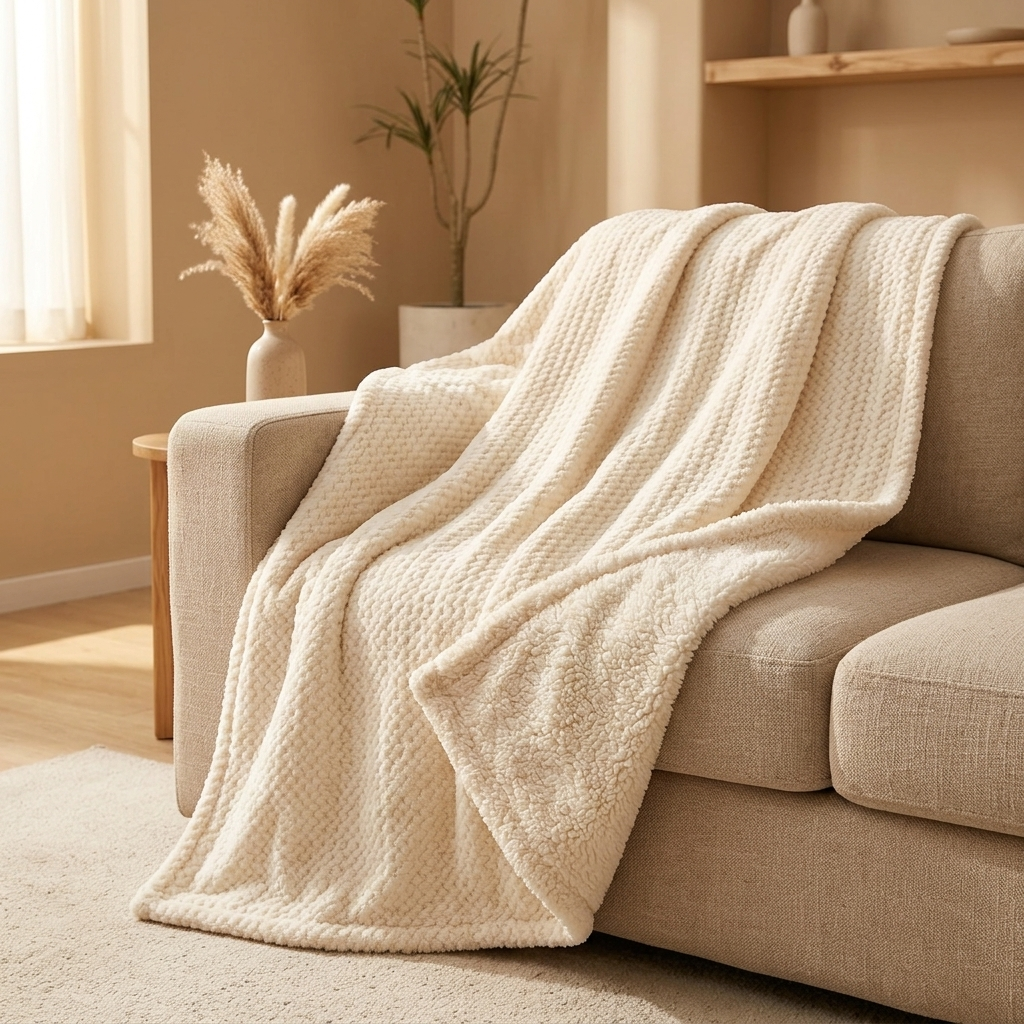 Huggo Cloud Blanket in Oat draped over a beige couch showing the sherpa underside