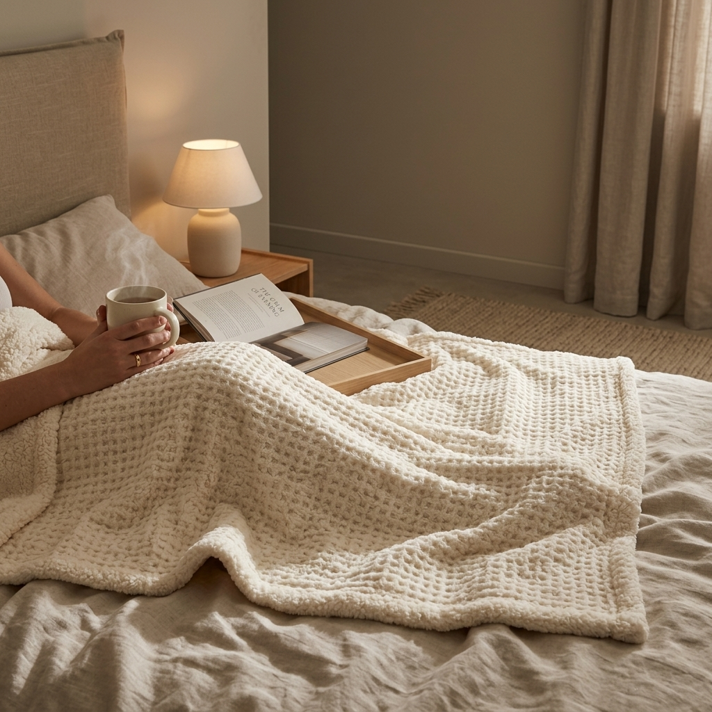 Huggo Cloud Blanket in Oat on a bed during evening reading — cozy lamb fleece blanket