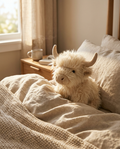 Weighted highland cow plush for adults on oat linen bedding — Huggo, 2.2 lb deep-pressure comfort