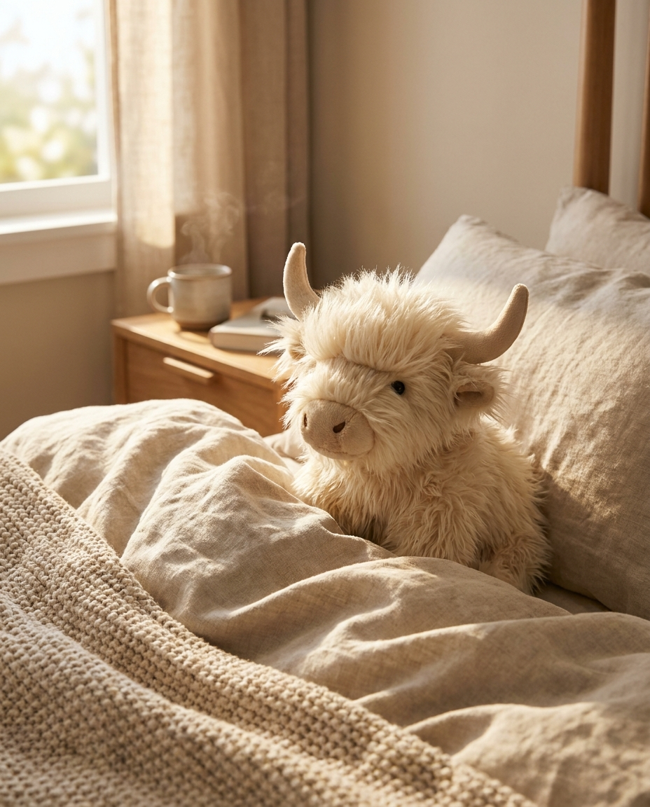 Weighted highland cow plush for adults on oat linen bedding — Huggo, 2.2 lb deep-pressure comfort