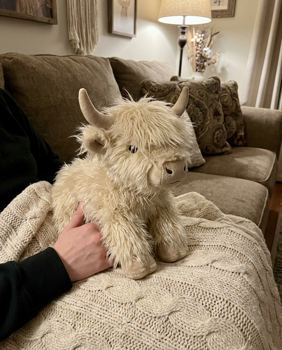 Person holding the Huggo weighted highland cow plush under a cozy blanket