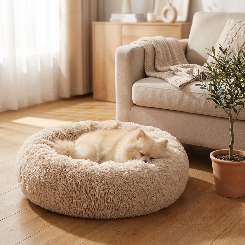 Calming donut dog bed in a cozy living room with a dog curled up asleep