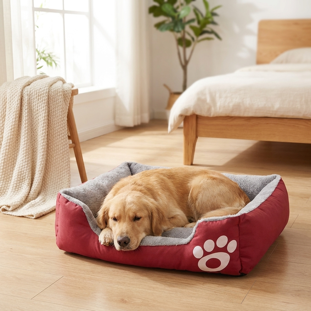 Bolster cuddle dog bed with a dog resting comfortably, cozy bedroom