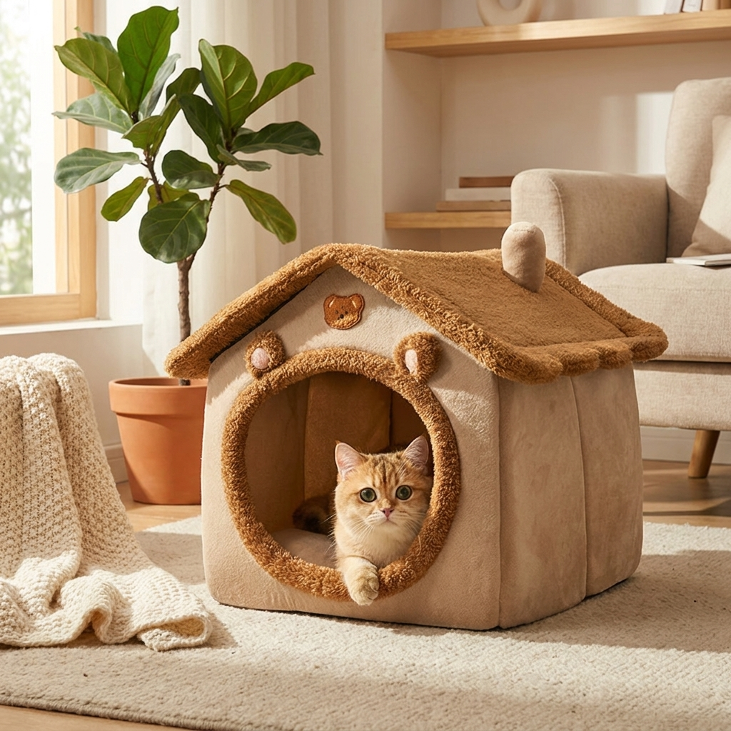 Foldable covered pet cave with a cat peeking out, cozy home corner