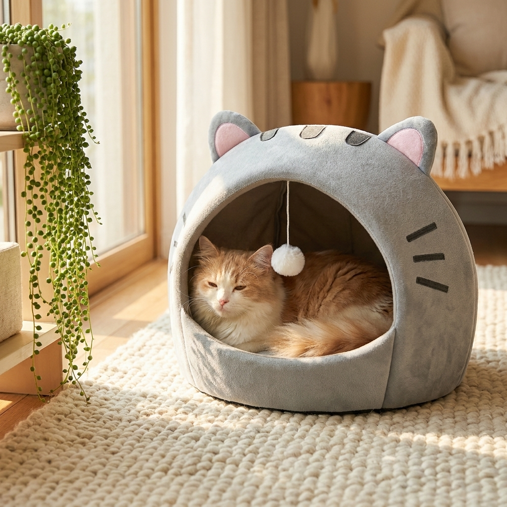 Hooded cat cave bed with a fluffy cat curled inside by a sunny window