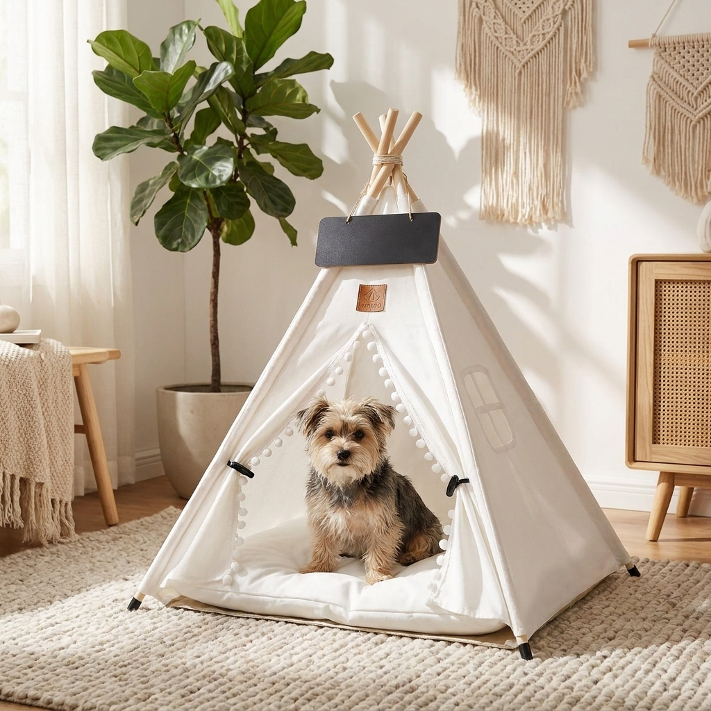 Pet teepee tent with a dog sitting in the opening, cozy boho living room