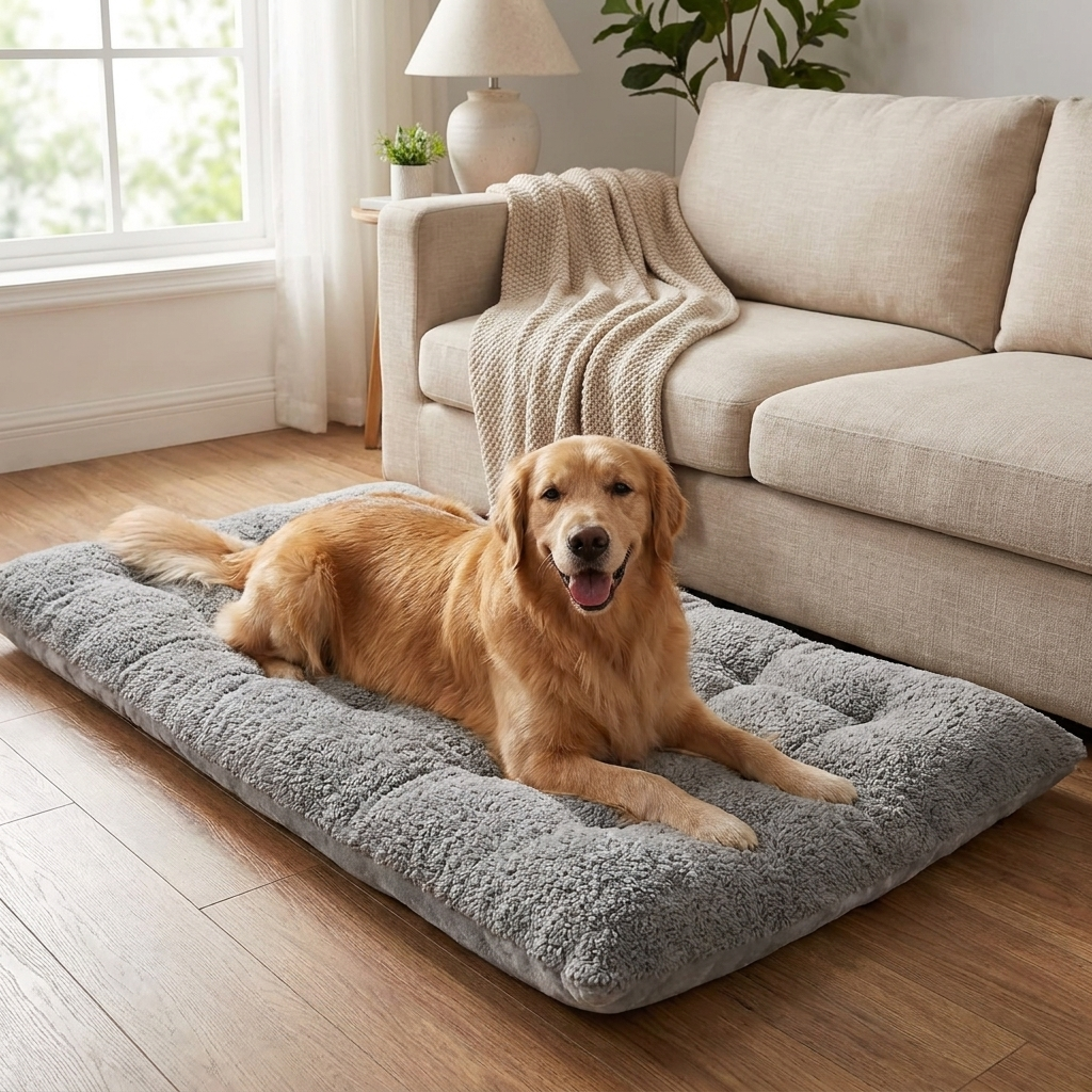 Super-soft pet lounger mat with a dog relaxing, cozy living room