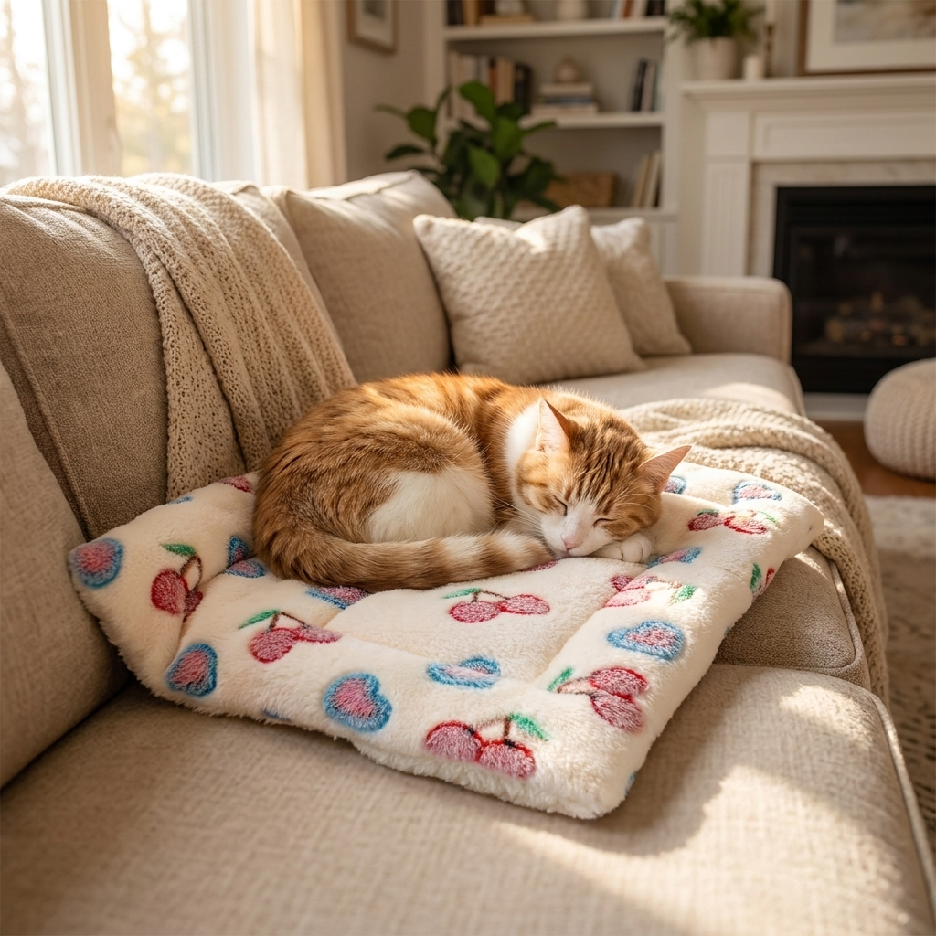 Soft fleece pet blanket draped on a sofa with a cat curled up