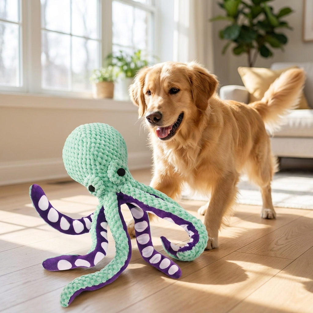 Plush squeaky dog toy with a happy dog playing, bright living room