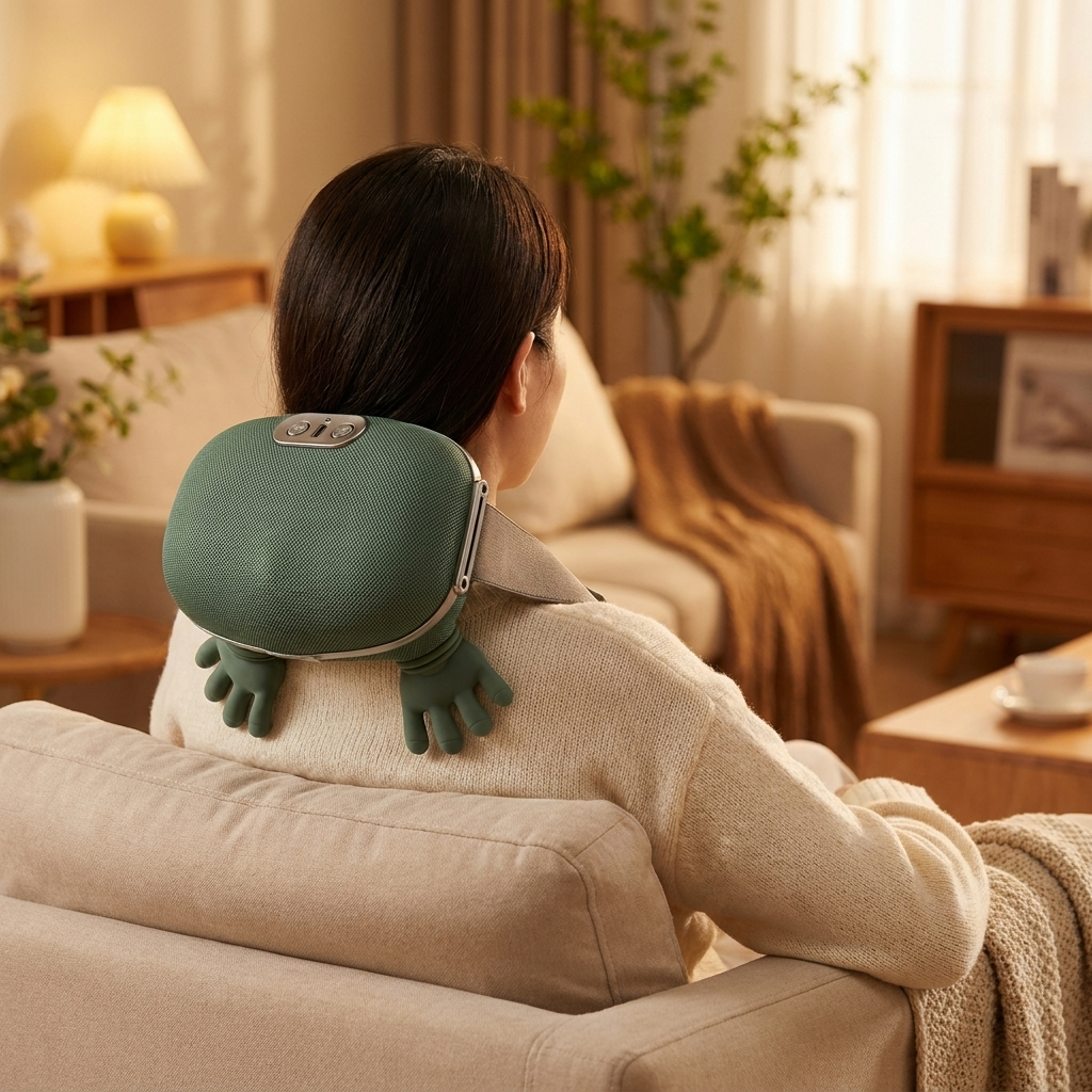 Heated neck and shoulder massager worn on the shoulders, relaxing at home