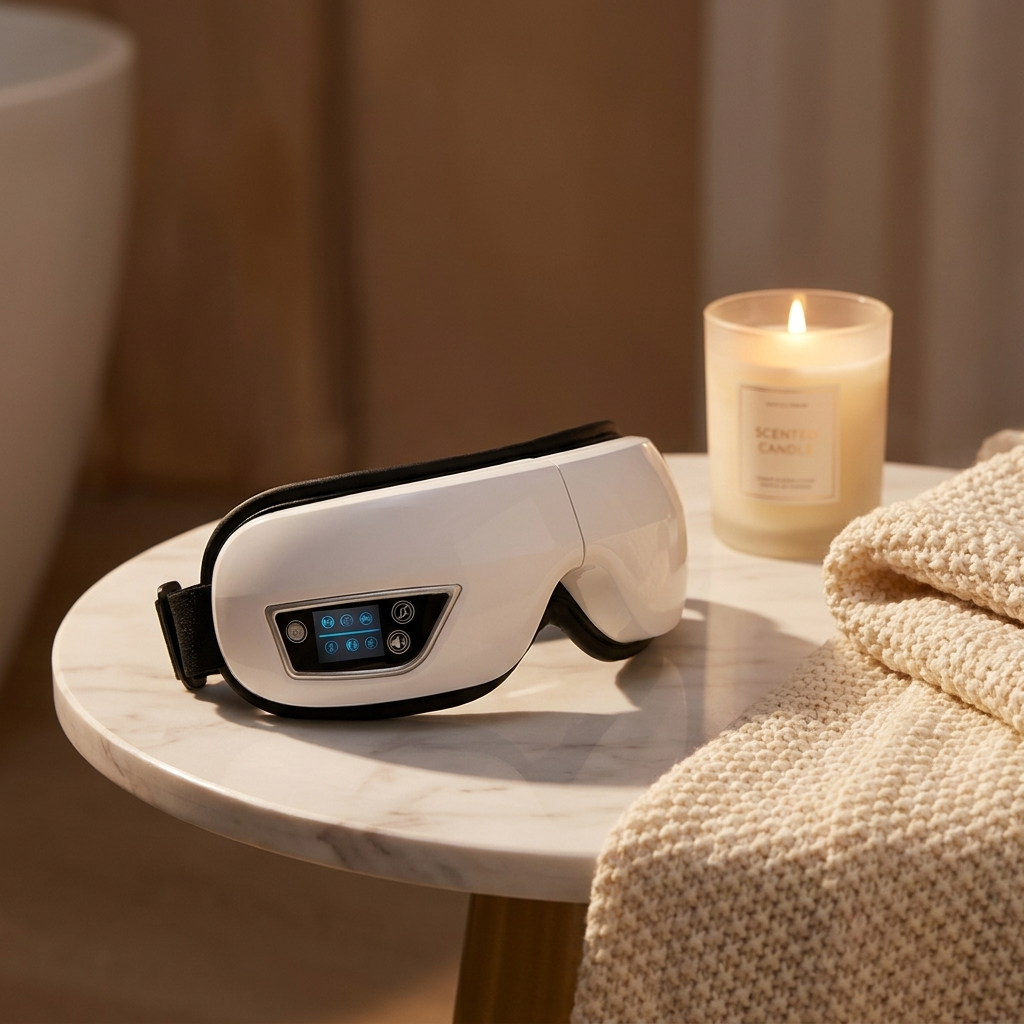 Heated bluetooth eye massager on a marble nightstand with a candle