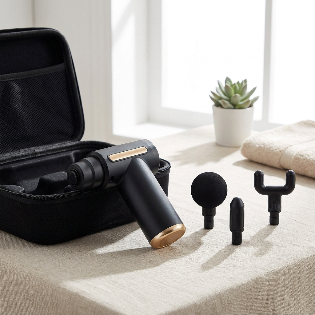 Mini massage gun with its case on a clean linen surface, wellness